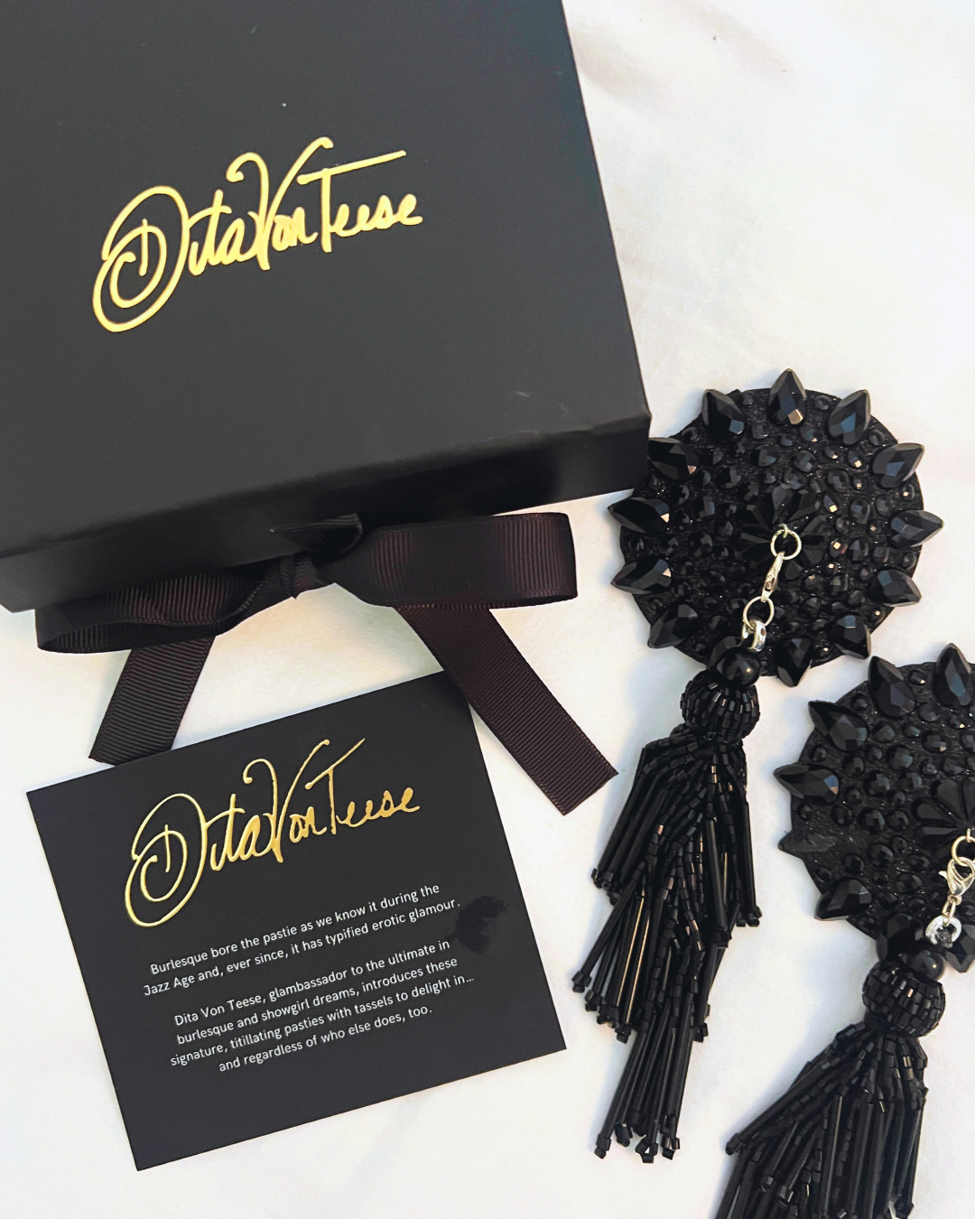 DITA VON TEESE Teesorama (Decadent Black) Glitter & Gem Pasties with Removable Hand-Beaded Tassels (2pcs)