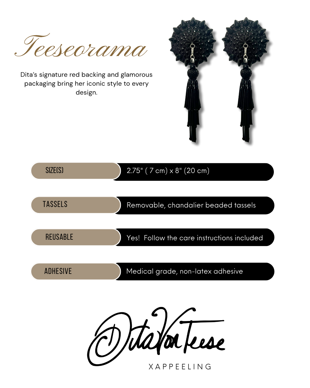 DITA VON TEESE Teesorama (Decadent Black) Glitter & Gem Pasties with Removable Hand-Beaded Tassels (2pcs)