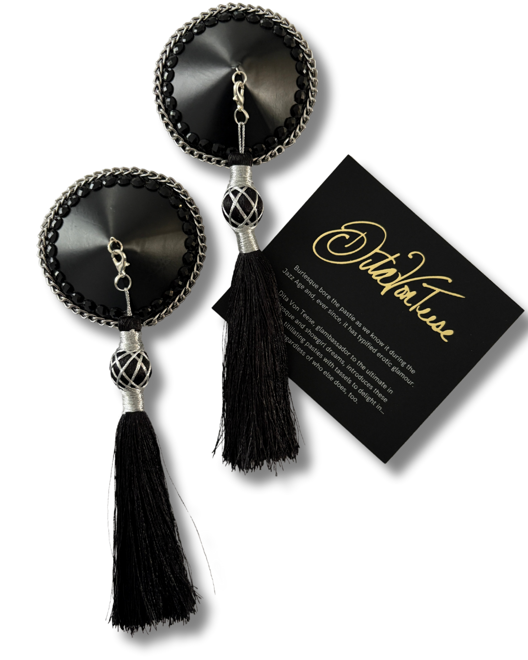 DITA VON TEESE Erotique Faux Leather, Silver Chain & Gem Pasties with Removable Tassels (2pcs)