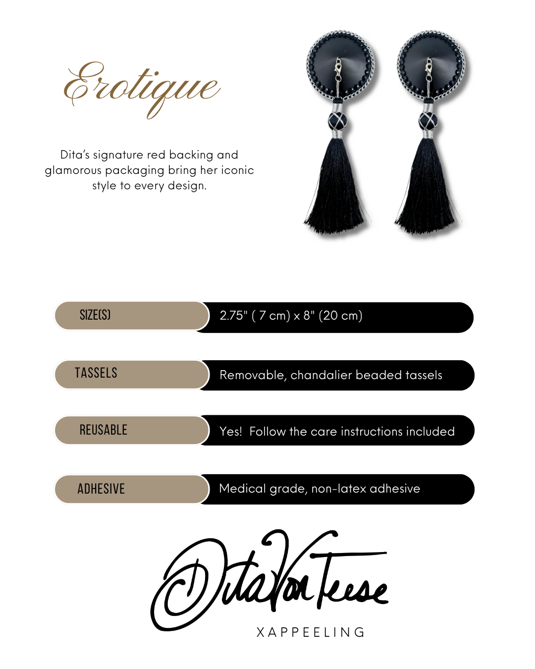 DITA VON TEESE Erotique Faux Leather, Silver Chain & Gem Pasties with Removable Tassels (2pcs)